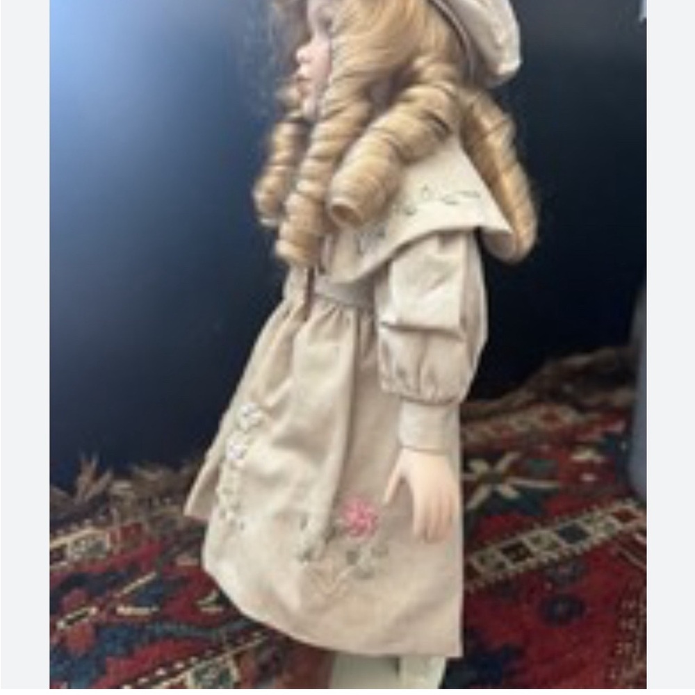 Vintage Style Porcelain Doll with Embroidered Dress- standing board attached